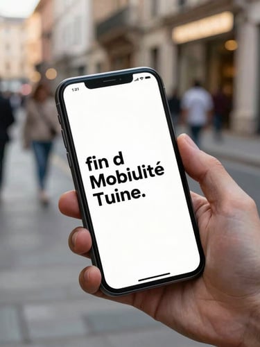 Mockup de l'application mobile de mobilité sur un écran de smartphone tenu en main dans une rue pavée animée, éclairage de fin d'après-midi.