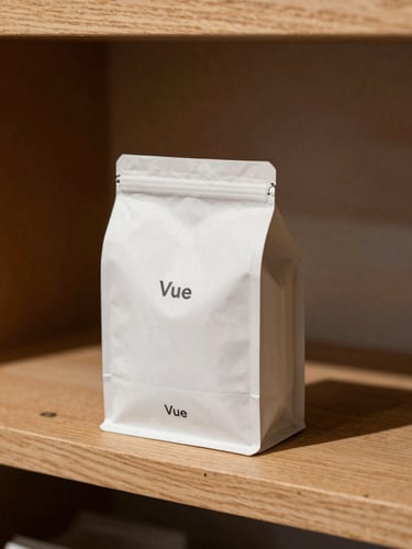 Vue rapprochée d'un packaging de boisson minimaliste posé sur une étagère en bois brut, ombre nette et lumière directe de studio.