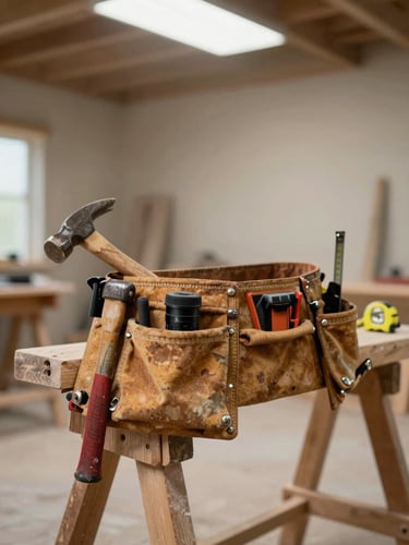 Close-up of a worn tool belt resting on a wooden sawhorse in a half-finished room, hammer and measuring tape visible, natural overhead work-site light, no people, documentary style, real job site