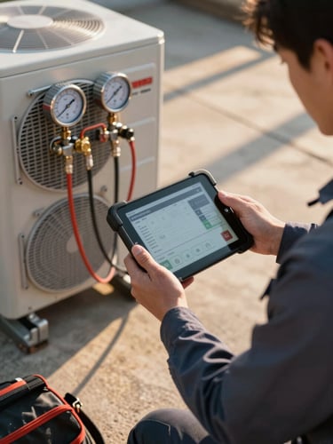 Technician holding a digital diagnostic tablet next to an outdoor condensing unit, pressure gauge lines attached to service ports, golden hour light casting long shadows across the concrete pad, work boots and tool bag visible at the lower edge