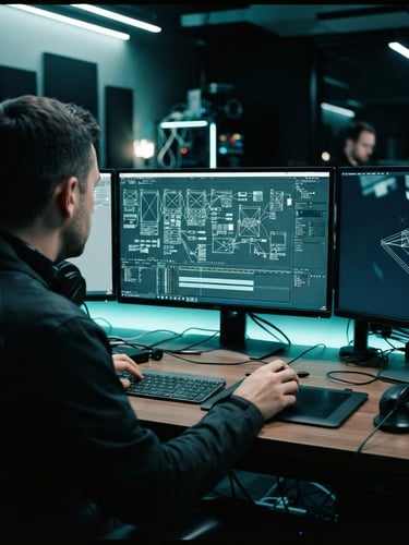 High-contrast studio shot of a video editing bay, focused on screens with wireframes, dynamic over-the-shoulder angle, subtle teal gel lighting, sharp focus, 35mm