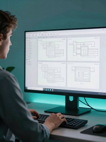 A medium environmental portrait of a focused specialist working at a sleek modern workstation, screen showing design wireframes, subtle teal gel lighting, over-the-shoulder angle, sharp focus, 35mm