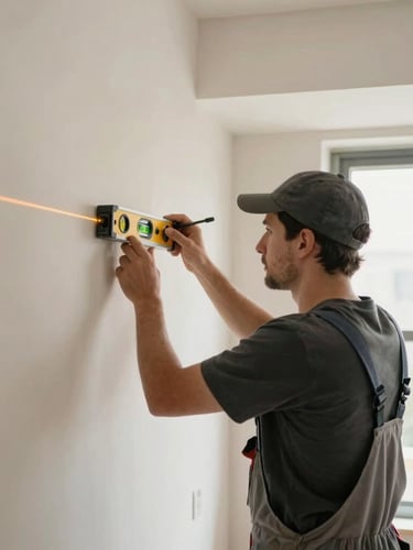 Professional installer using a laser level on a clean wall for moulding installation, dust-free vacuum equipment visible, bright indoor light
