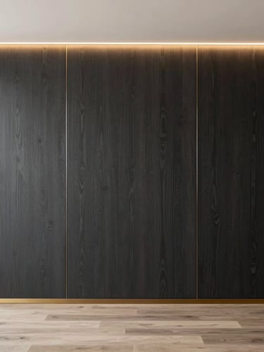 Straight-on architectural portrait of a premium custom TV backdrop in a modern apartment, dark charcoal wood panels aligned to the millimeter, subtle brass trim accents, warm integrated LED lighting, bright daylight, sharp focus