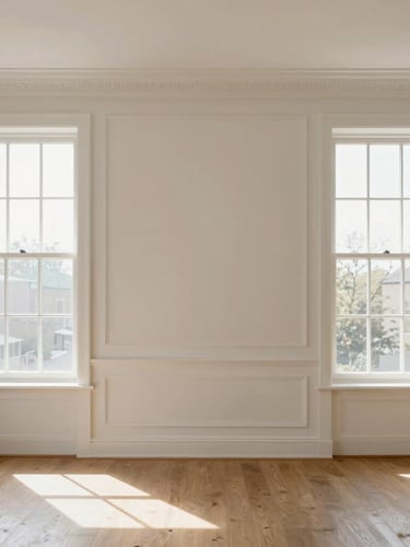 Straight-on architectural shot of a minimalist living room with custom wall moulding, bright natural daylight streaming through windows, highlighting textures, clean lines, 35mm lens.