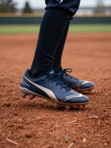 Close-up of a young player's cleats planted in red-brown infield dirt, laces tied, heel slightly lifted mid-stride, overcast Pacific Northwest daylight, blades of outfield grass visible in the soft background