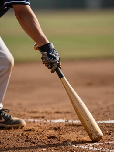 Close-up of a young player's hands gripping a worn baseball bat, dirt-caked batting gloves, golden afternoon light catching the grain of the wood, shallow depth of field, infield clay visible below