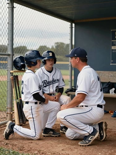 Tight documentary shot of a youth baseball dugout, coach kneeling at eye level speaking directly to two players in game uniforms, bats and helmets in the rack behind them, warm overcast daylight through the chain-link opening