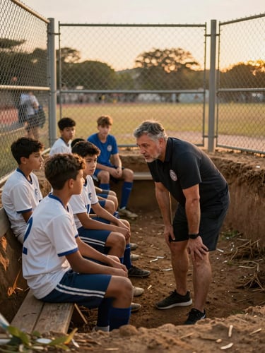 Wide environmental shot looking down a dugout bench at golden hour, a coach leaning in close to speak directly to a young player in game gear, other players seated in the background watching, warm amber light through chain-link fence, documentary framing