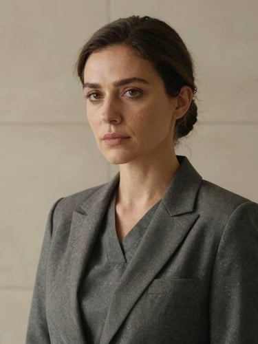 Medium-close editorial portrait of a female surgeon in a warm charcoal tailored blazer, looking thoughtfully past the camera, soft natural side lighting, minimalist limestone background.