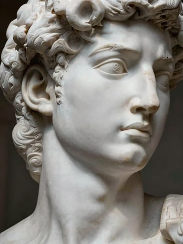 Elegant close-up of a classical white marble bust showing refined facial structure, dramatic soft side-lighting with deep shadows, architectural and clean fine art aesthetic.