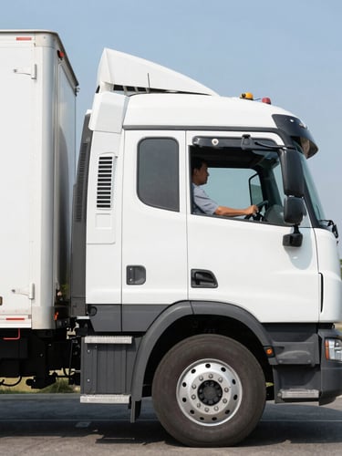 Close-up portrait of a professional Mexican transport operator in a clean uniform, smiling confidently, holding a steering wheel, warm morning light, professional commercial photography