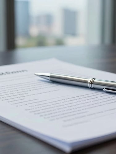 Close-up of signed legal documents on a dark wood table, structured silver pen, cool daylight from a modern office window, 35mm