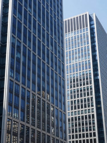 Crisp corporate photography of modern architectural office towers in Mexico City, cool natural daylight, royal blue and silver tones, 35mm.