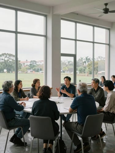 Wide environmental shot of a small group of adults seated around a round table in a community room, one person gesturing while others listen, overcast daylight through tall windows, real space in use, no posed expressions