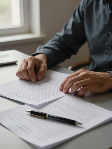 Close-up of hands resting on a table scattered with printed worksheets and a pen, natural indoor window light falling from the left, documentary framing, warm gray tones