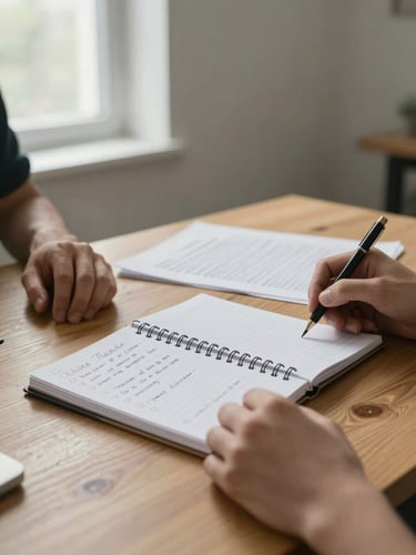 Close environmental shot of a plain wooden table surface: open spiral notebook with handwritten notes, a printed resource sheet, and two hands resting near the materials in a moment of pause — natural overcast window light from the left, warm gray wall out of focus in the background, no faces visible, quiet and purposeful