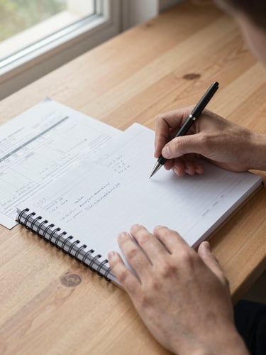 Close overhead shot of a wooden table surface, hands resting on an open spiral-bound workbook with handwritten notes and a printed budget worksheet beside it, a pen held mid-sentence, natural indoor daylight from a nearby window, warm neutral tones