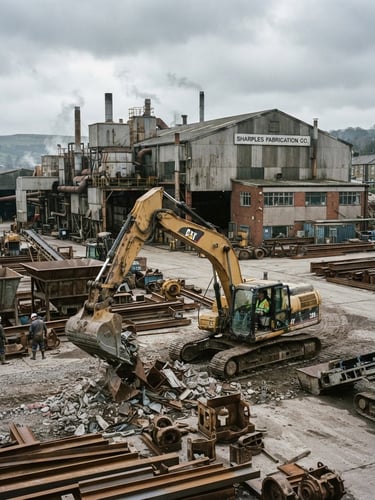 Wide environmental shot of a West Yorkshire manufacturing yard, cool overcast daylight, desaturated slate tones, heavy industrial machinery, 35mm film.