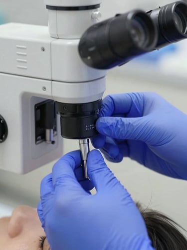 Macro close-up of hands in sterile blue gloves adjusting a high-end dental operating microscope over a patient, bright clinical daylight, sharp focus on precision instrument.