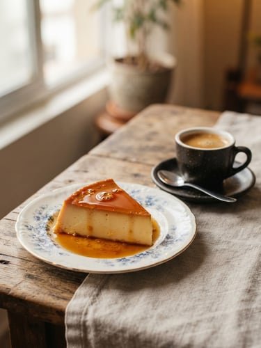 Pudim Bão servido em prato de louça fina ao lado de uma xícara de café expresso, com luz lateral suave, tons de caramelo e creme.
