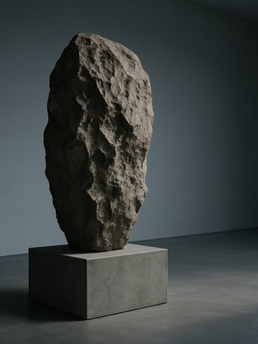 Wide architectural frame, a single monolithic mineral sculpture isolated on a concrete plinth, cool north-facing gallery light, deep shadows articulating eroded surface geometry, vast empty floor extending to the right, no human presence