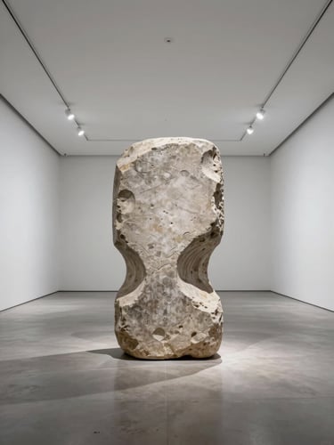 Panoramic architectural interior, a large eroded stone sculpture centered in an empty white-walled gallery room, high ceilings, cool gallery strobe light casting sharp shadow geometry on the floor, wide negative space on all sides, no decor, no human presence, overhead perspective slightly tilted
