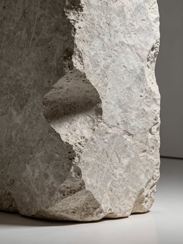 Extreme close-up of a monolithic stone sculpture edge, cool gallery strobe raking across the surface from the left, deep shadows carving into erosional marks and mineral strata, pure white ground, no styling, the surface logic of geological time made architectural