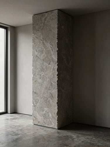 Extreme wide shot of a minimalist apartment foyer, a single tall basalt monolith placed off-center to the left, cool diffused daylight from an unseen window, deep shadow on the right wall articulating the form's volume, polished concrete floor, no furniture or decoration visible, no human figures