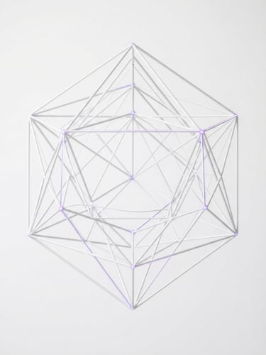 Minimalist abstract geometric wireframe on a clean white background, sharp focus, bright high-key natural daylight, subtle purple accents.