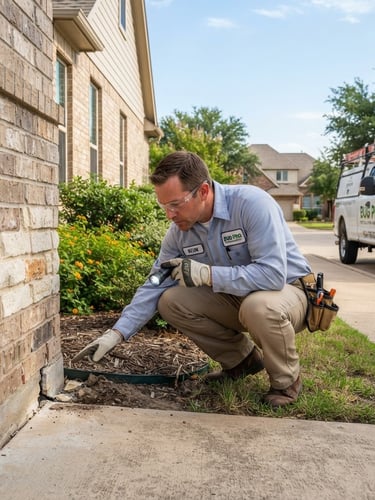 Professional pest control technician in uniform inspecting a home foundation, focused on a potential entry point, bright Texas daylight, sharp focus, 35mm lens. A service truck is parked nearby in a Granbury neighborhood.