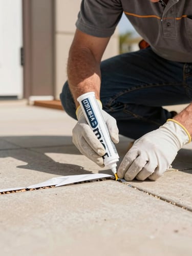 Professional local technician in uniform, wearing gloves, carefully sealing a crack in a home's foundation with caulk, focused on the hands and the seal, crisp commercial photography, bright natural Texas daylight, high-contrast clean tones, sharp focus, 35mm lens.