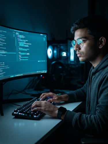 Sleek dark-mode tech photography, professional portrait of an 18-year-old Indian developer, cool neon screen glow from a monitor, deep slate and electric cyan tones, sharp focus, 35mm