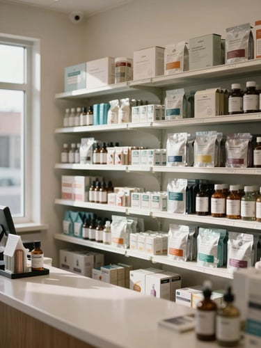 Medium shot of the dispensary interior in daylight, product packaging on clean shelves, counter visible in the foreground, natural light from a side window, no staff posed or staged