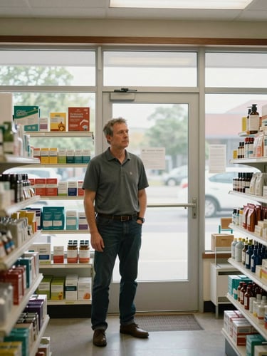Wide environmental shot of Andrew Collins standing inside the dispensary, natural daylight through the front windows, shelves of product packaging visible behind him, honest mid-range exposure, subject positioned left of center with open shop space to the right