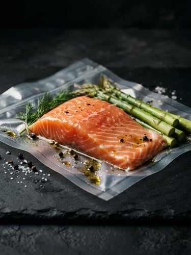 Editorial portrait of a vacuum-sealed gourmet salmon fillet with asparagus, dark moody studio lighting, matte black slate background, rich textures, gold oil droplets, 50mm lens, shallow depth of field.