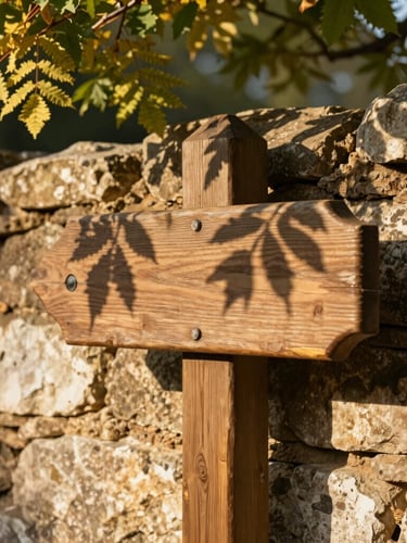 A close-up of a rustic wooden trail marker on an ancient dry-stone wall, dappled sunlight filtering through chestnut leaves, warm editorial photography, shallow depth of field