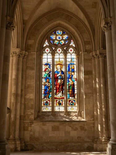 Warm editorial photography of the sunlit stone interior of the basilica of Notre Dame de Bon Secours, soft natural light filtering through stained glass, 35mm, shallow depth of field