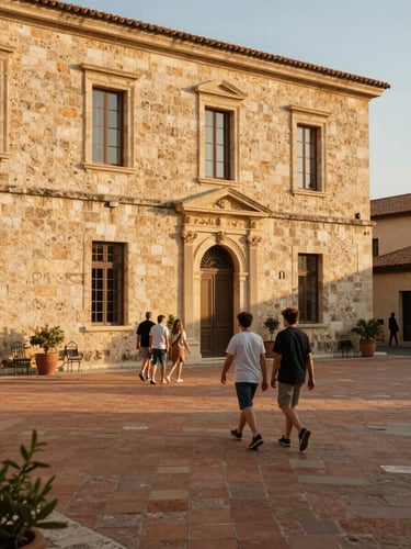Warm golden-hour shot of the Maison Saint-Joseph stone facade, families walking in the courtyard, sun-bleached terracotta tiles, 35mm photography
