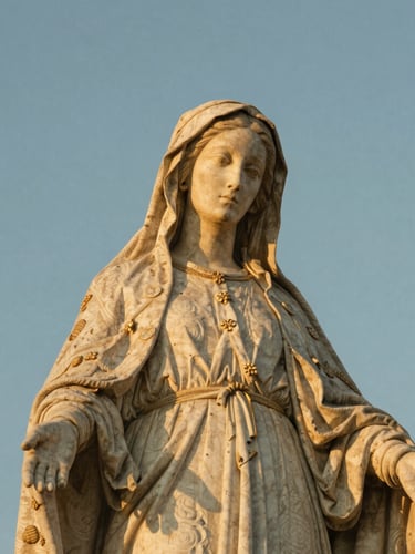 Close-up of the historical stone statue of the Virgin Mary on top of the basilica, warm golden-hour light, sun-bleached stone textures, sky background, 35mm