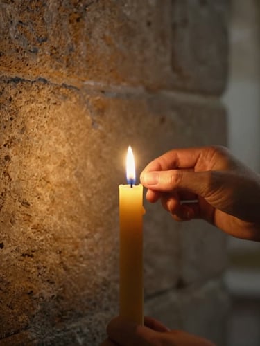 Close-up of a hand lighting a thin wax candle in the dim, warm atmosphere of a stone chapel, golden candlelight reflecting on ancient stone textures, 35mm