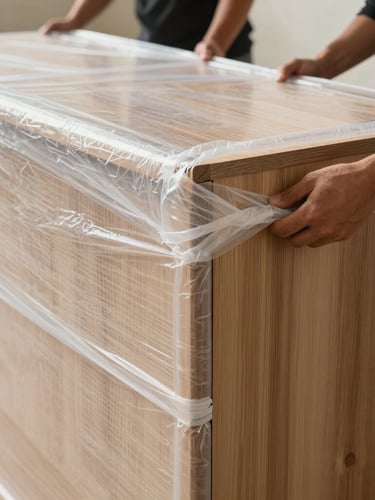 Close-up of professional movers wrapping the corners of a heavy wooden cabinet in thick double-ply protective bubble wrap, bright natural UAE daylight