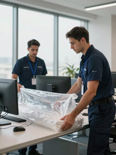 Medium shot, clean UAE daylight streaming through large office windows, professional movers in navy uniforms carefully wrapping a dual-monitor corporate workstation with heavy-duty anti-static bubble wrap.