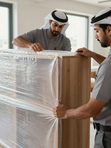 Movers in uniform carefully wrapping a wooden cabinet corner with double-ply protective bubble wrap inside an Abu Dhabi apartment, bright natural daylight.