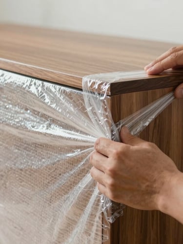 Close-up of professional movers wrapping the corner of a polished wooden cabinet in heavy-duty double-ply bubble wrap, clean hands, bright indoor lighting.