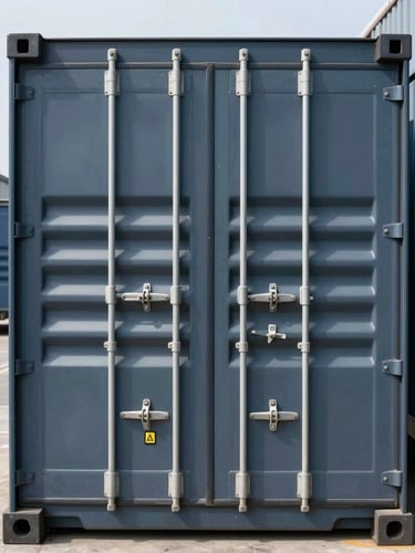 Close-up of a secure cargo container door with heavy-duty metal locks and a prominent security seal, cool daylight, architectural symmetry, 35mm lens.
