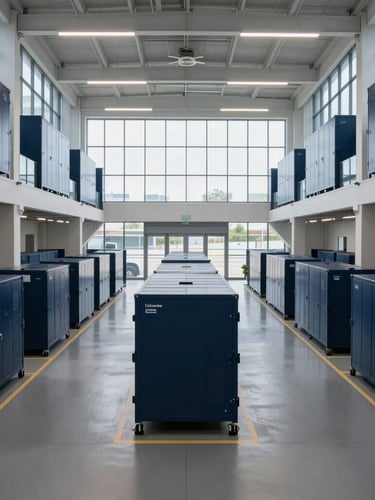 Symmetrical wide-angle shot of a modern, highly secure logistics center interior with cool daylight filtering through high windows, deep navy accents, 35mm lens.