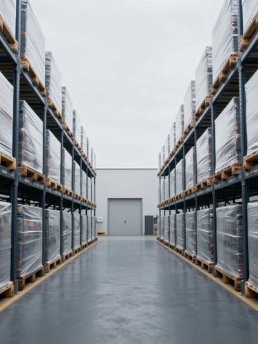 Symmetrical wide-angle shot of a modern clean logistics warehouse, sealed cargo pallets on high metal racks, cool daylight, deep navy tones