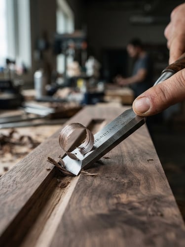 Macro close-up of a sharp steel chisel carving grain-matched walnut wood in a modern industrial workshop, natural side-lighting, shallow depth of field, sharp focus, 35mm lens