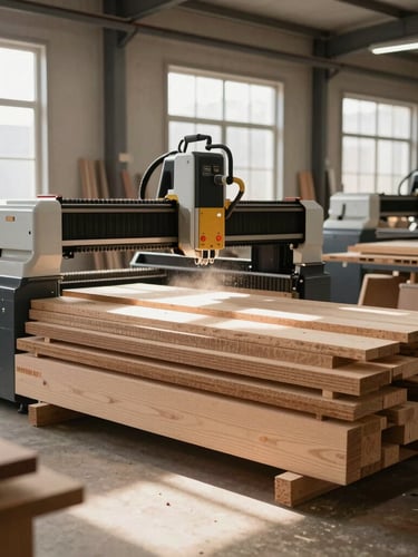 Wide shot of a clean, modern industrial carpentry workshop with active CNC machines, warm wood planks stacked neatly, dust particles catching natural side-lighting from high windows, sharp focus, 35mm lens